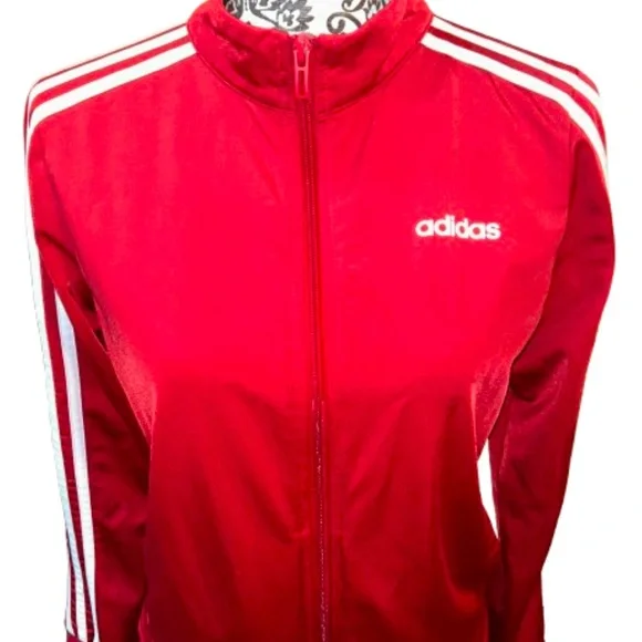 Adidas Women’s Small Zip-Front Red Essentials 3-Stripe Tricot Track Jacket - Picture 4 of 15